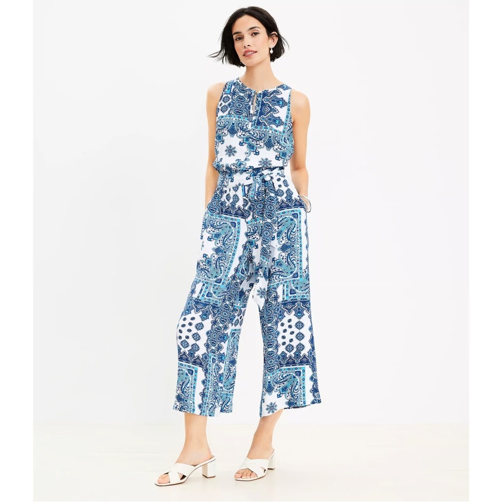LOFT Blue and White Patterned Jumpsuit